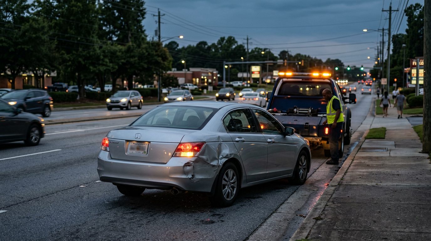 Dented silver sedan on a city street shoulder at dusk, hazard lights blinking, with a tow truck waiting at the curb.