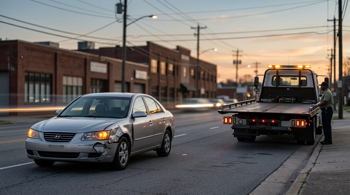 Dented silver sedan with blinking hazard lights on a city street shoulder at dusk, a tow truck waiting nearby.