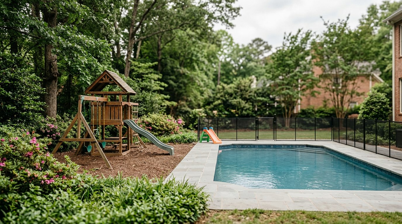 Empty backyard swimming pool surrounded by a metal fence with a closed gate.