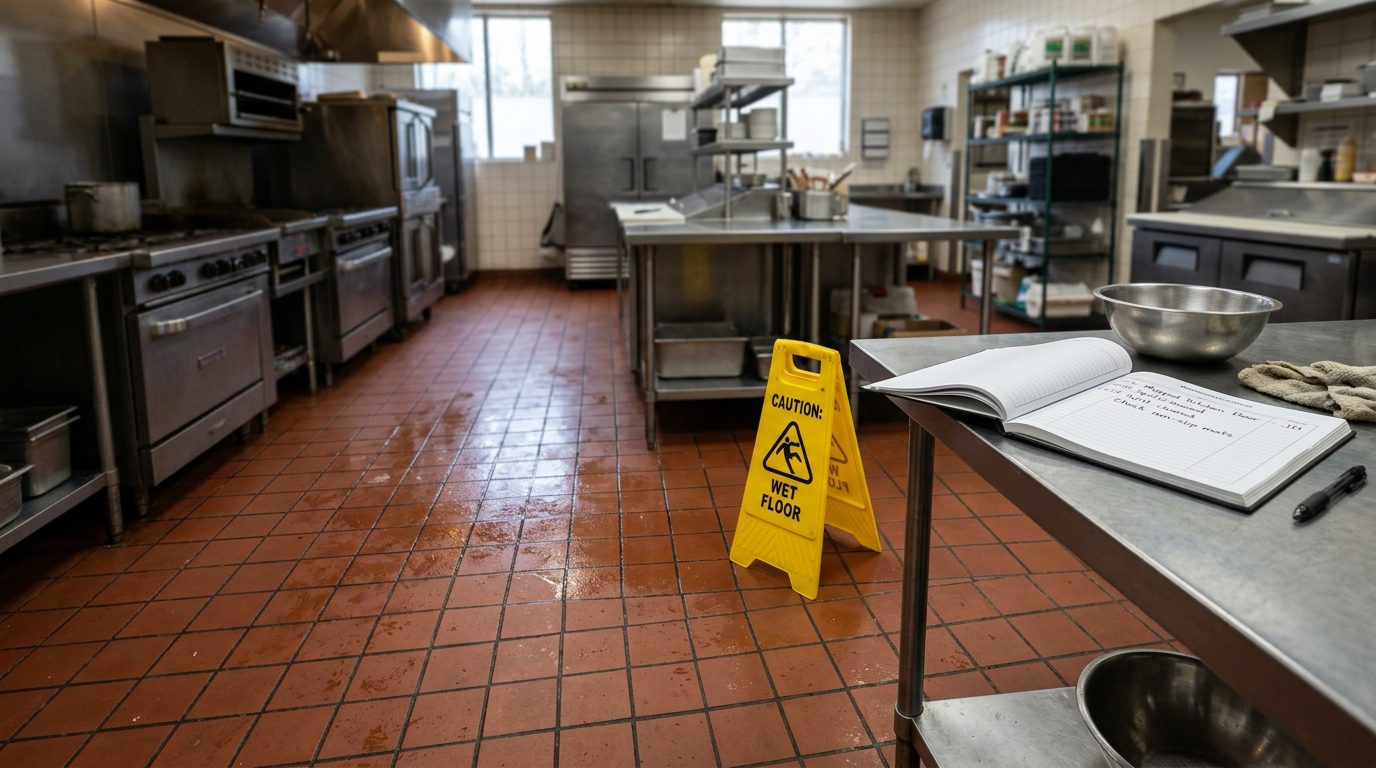 Suelo vacío de una cocina de restaurante con grasa brillante, un letrero amarillo de precaución y un registro de mantenimiento abierto.