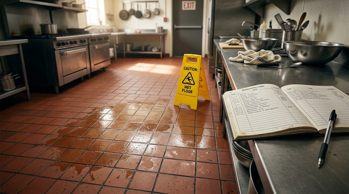 Cocina de restaurante vacía con piso resbaladizo y grasiento, un letrero amarillo de precaución y un registro de mantenimiento abierto sobre una mesa de preparación.