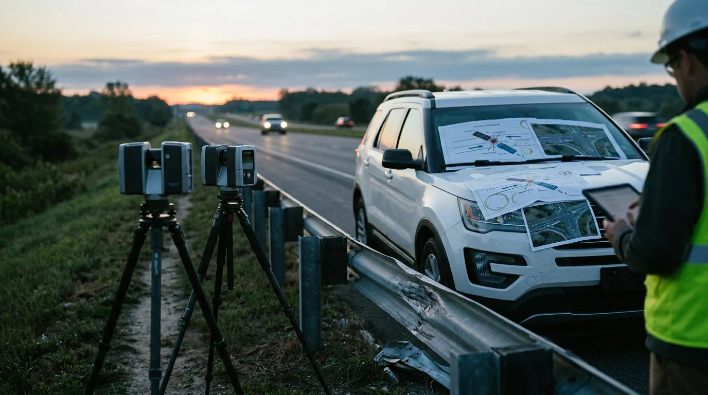 Escáner láser de un ingeniero forense sobre un trípode junto a una barrera de carretera dañada al amanecer, con diagramas de choque sobre el capó de