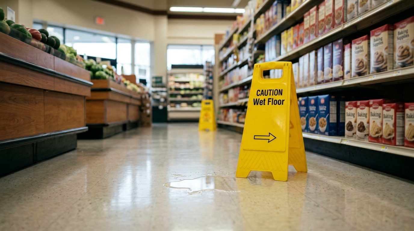 Interior of a Georgia retail store aisle with a wet floor sign and polished tile floor.