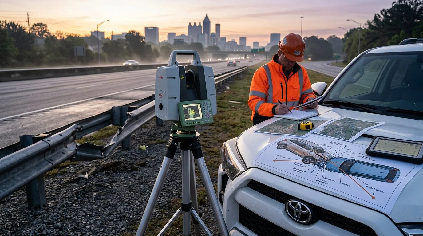 Laser scanner on a tripod beside a highway guardrail gap, with crash diagrams on a white SUV's hood at dawn.