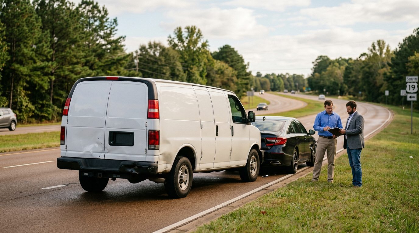 Photo of a white delivery van parked on a Georgia roadside, with the damaged area and surrounding street visible.
