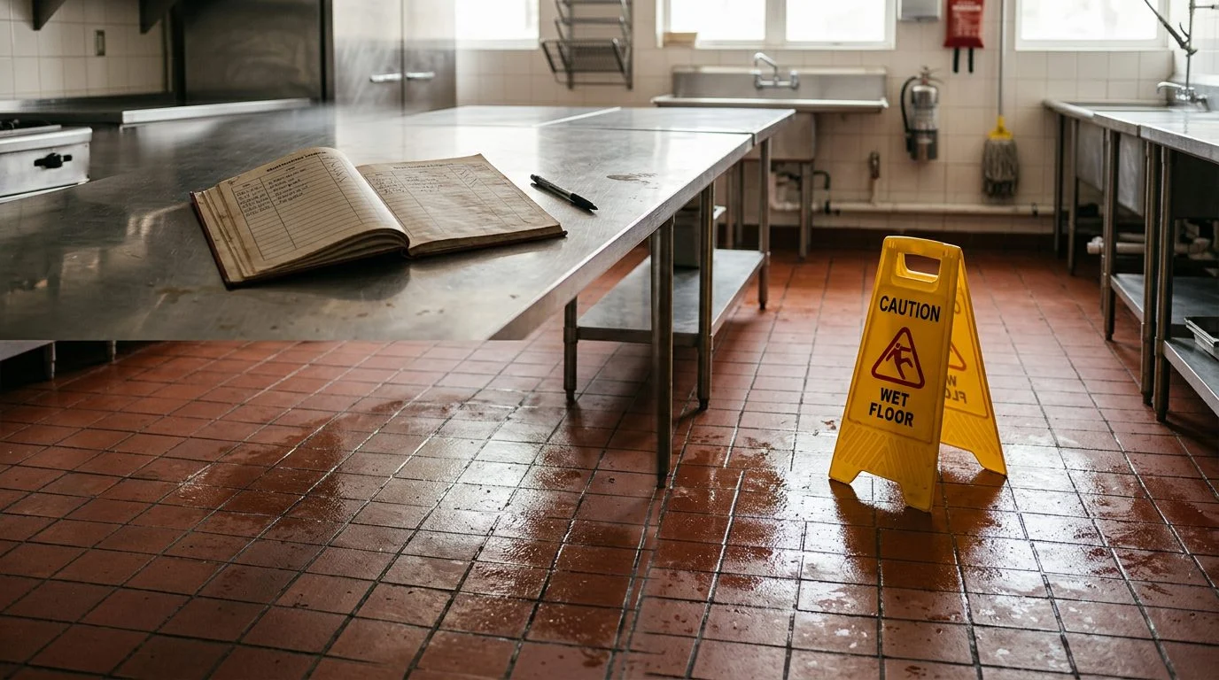 Restaurant kitchen floor with a greasy sheen on quarry tile beside a yellow wet floor caution sign, with an open logbook on a prep table.