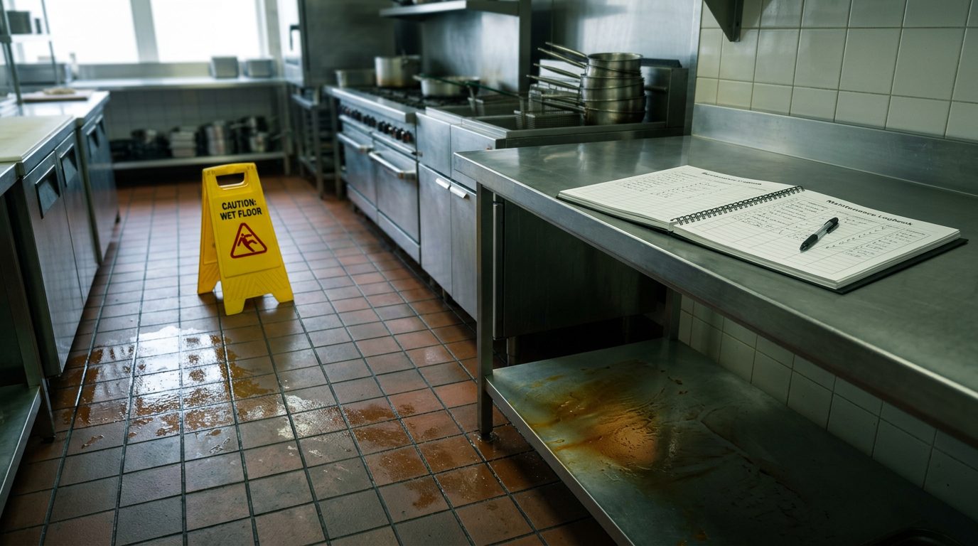 Restaurant kitchen tile floor with a greasy patch and yellow caution sign, next to an open logbook on a prep table.