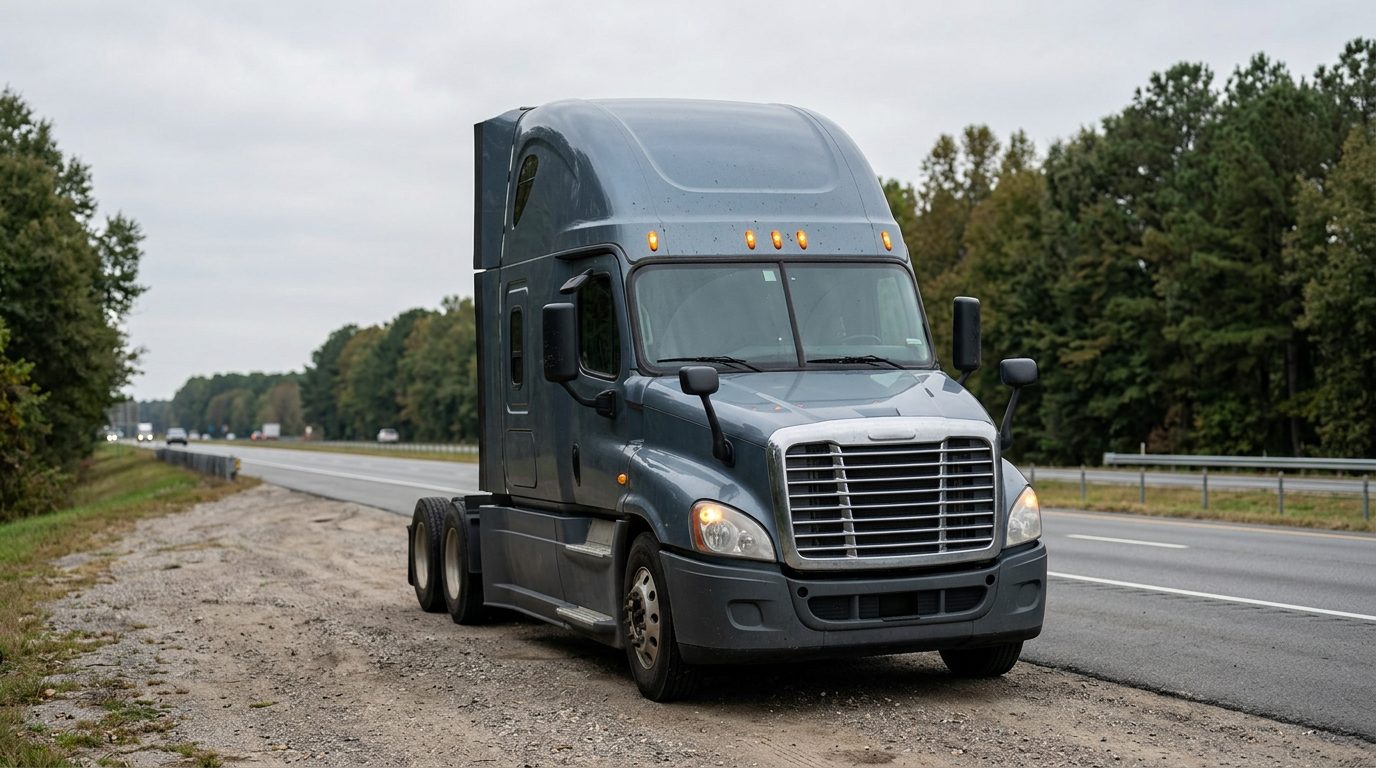 Semi-truck cab parked on a rural interstate shoulder with hazard lights flashing under an overcast sky.