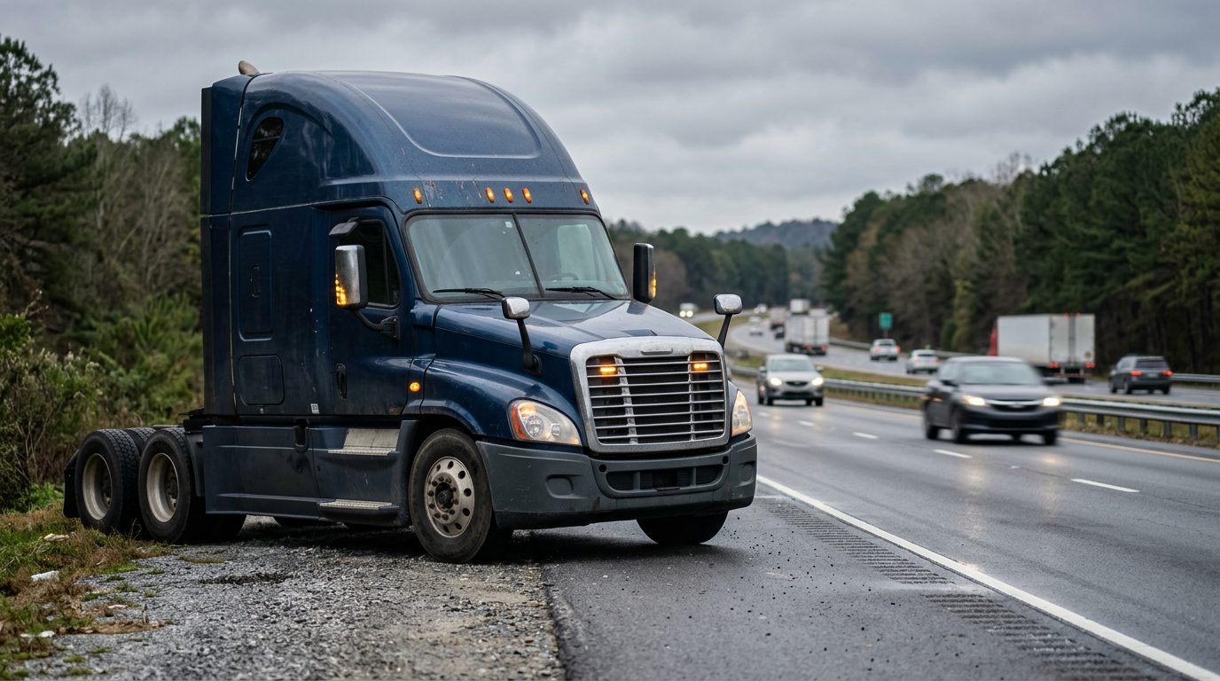 Semi-truck parked on a rural interstate shoulder with hazard lights blinking under an overcast sky.