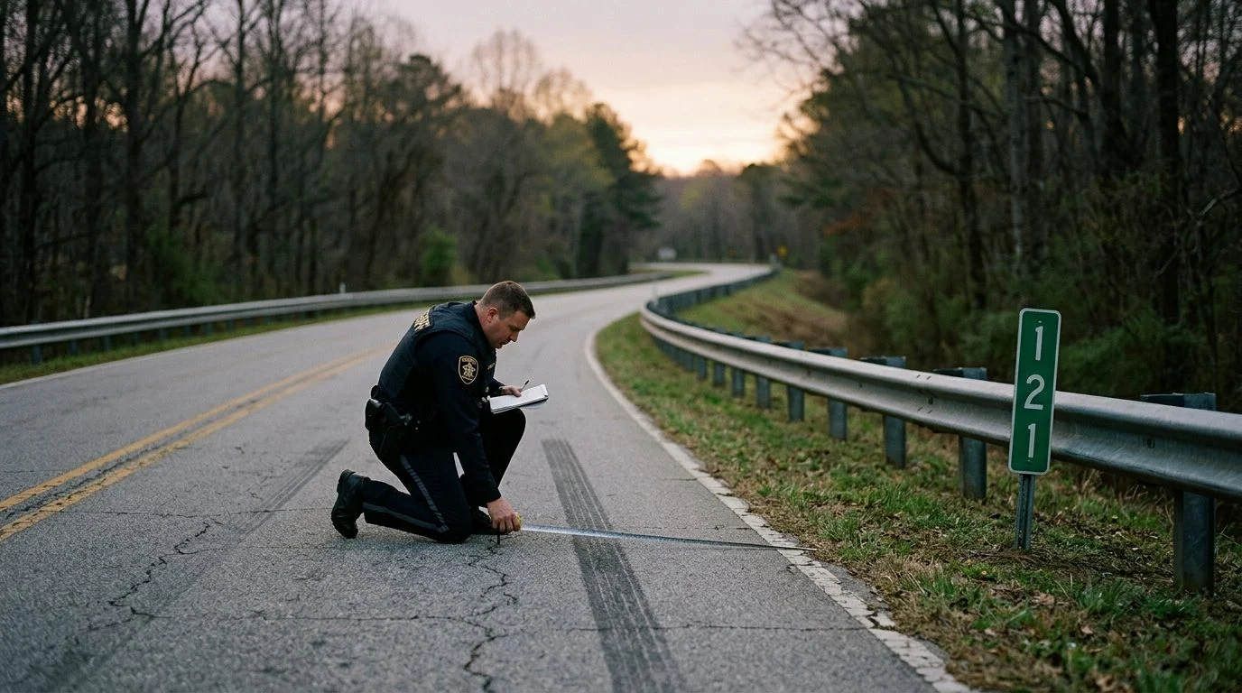 Sheriff's deputy measures a skid mark on a rural two-lane road at dawn, with a guardrail and mile-marker sign nearby.