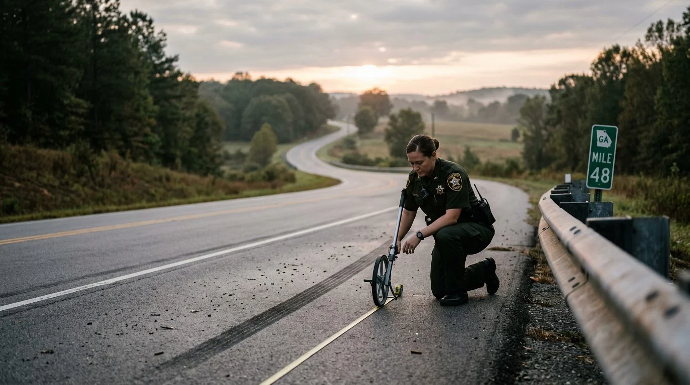 Sheriff's deputy measures a skid mark on a rural two-lane road at dawn, with a guardrail and mile-marker sign in the foreground.