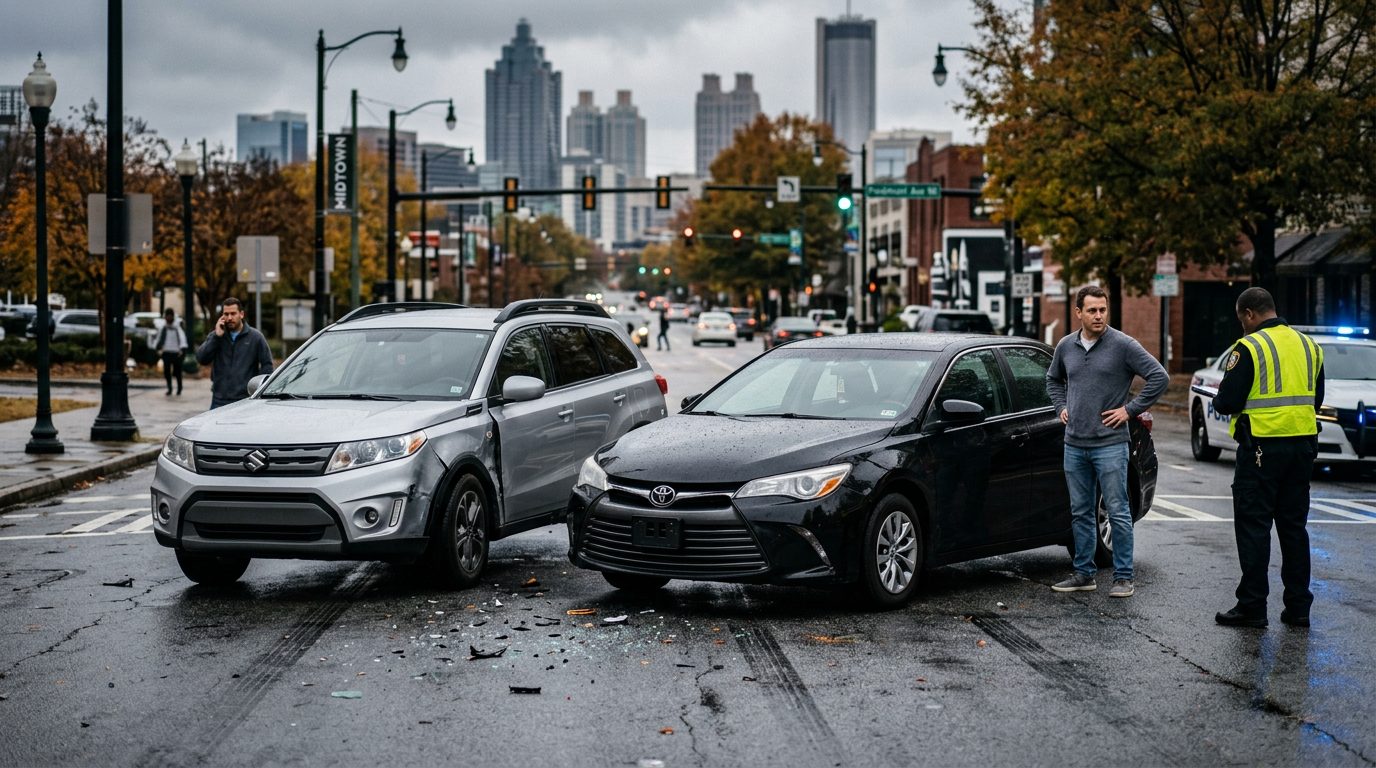 Dos coches con daños leves en la parte delantera están en el arcén de una concurrida calle de Atlanta, con tráfico y edificios altos al fondo.