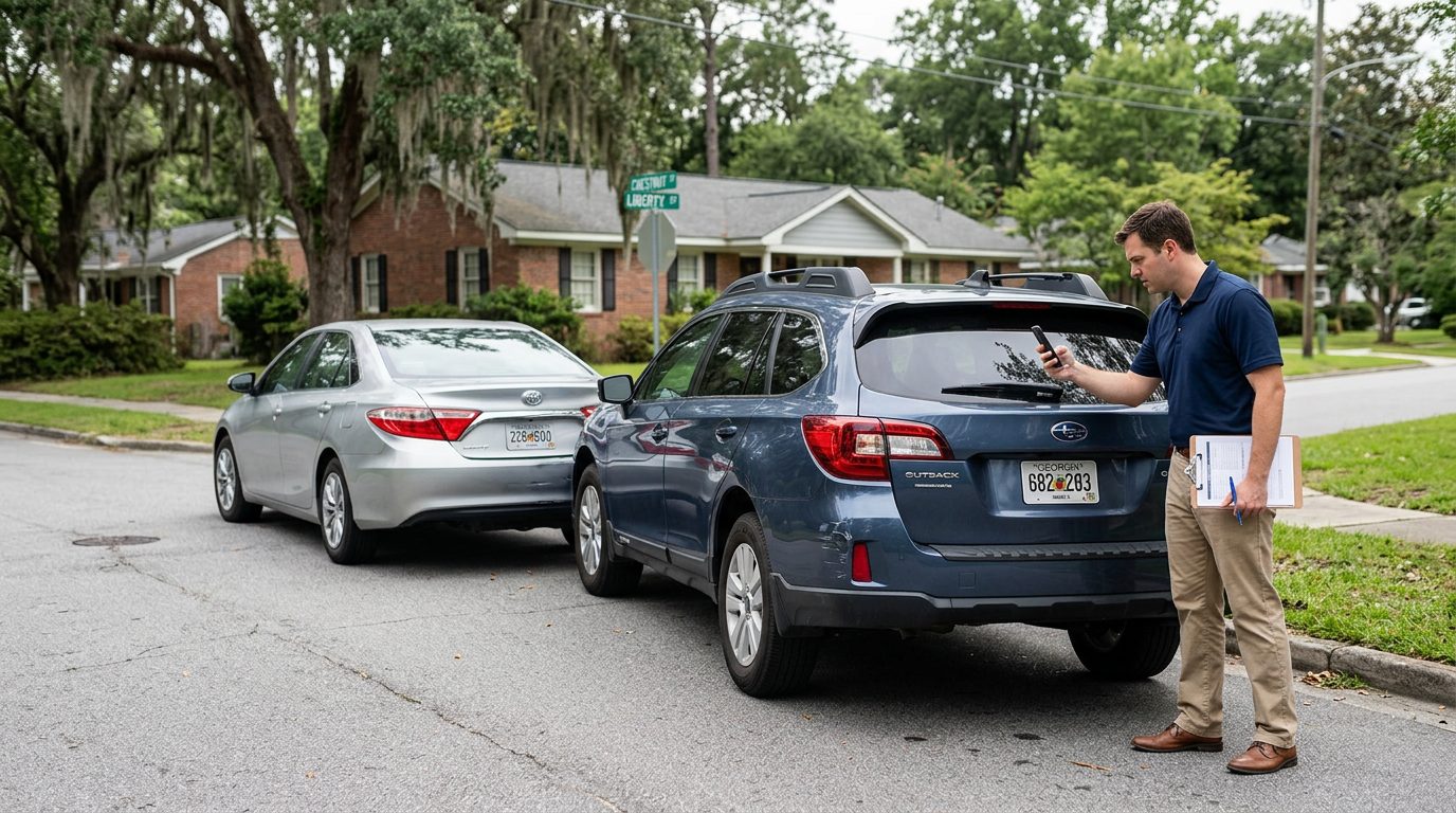 Two parked cars on a Georgia street with an insurance card and claim paperwork on a car dashboard.