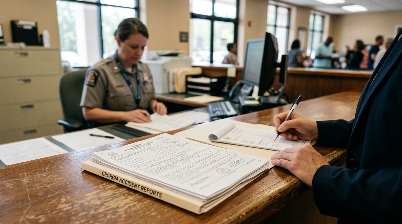 Vehicle accident report forms and a pen on a desk, with a damaged car parked outside.