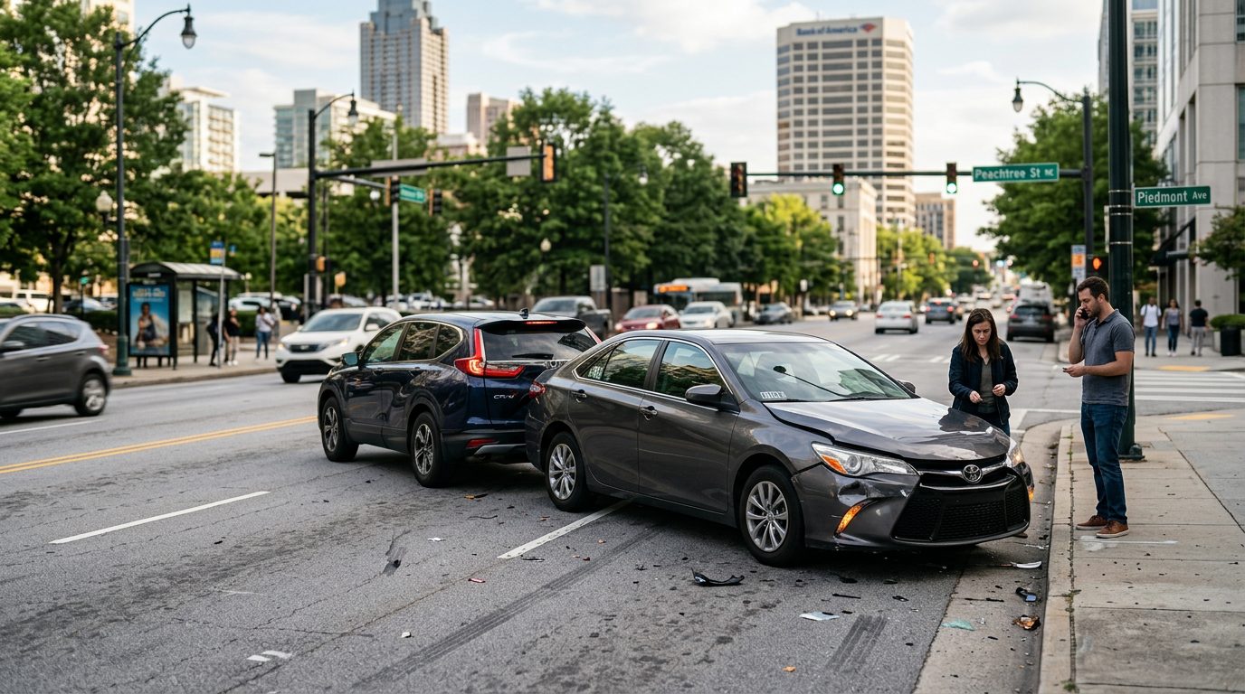 Vista amplia de una calle de Atlanta con dos autos estacionados junto a la acera, sin personas ni heridos a la vista.